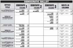 This is a sample ballot from the 2018 Democratic Primary that illustrates the "line". Column 1 has all the endorsed candidates while non-endorsed candidates are isolated in Columns 2 and 3.