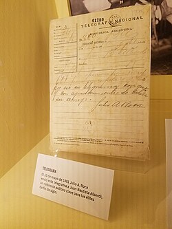 On 10 May 1881, Roca sent this telegram to Juan B. Alberdi, who was in France.