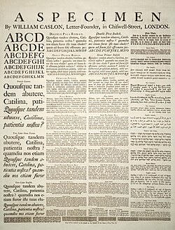 A specimen sheet by William Caslon showing printed examples of Roman typefaces