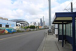 SODO Busway stop at South Holgate Street with Downtown Seattle in the background.