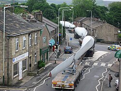 A turbine blade convoy passing through Edenfield, England