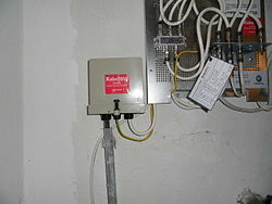 A cable television distribution box (left) in the basement of a building in Germany (Kabel BW network, now Vodafone), with a splitter (right) which supplies the signal to separate cables which go to different rooms