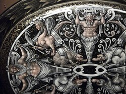 Detail of painted Limoges enamel dish, mid-16th century, attributed to Jean de Court