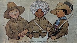 A propaganda postcard captioned 'Sons of the Empire; Canada, India & Australia'