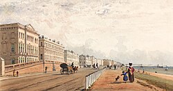 Brighton, The Front and the Chain Pier Seen in the Distance, an early 19th century watercolour painting of Brighton, a seaside resort in East Sussex, England