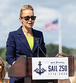 Moreno speaking at a Sail 250 New Orleans event, May 2026