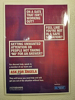 A purple and red poster with callouts for "ON A DATE THAT ISN'T WORKING OUT?" "FEEL LIKE YOU'RE NOT IN A SAFE SITUATION?" "GETTING UNWANTED ATTENTION OR PEOPLE NOT TAKING 'NO' FOR AN ANSWER?". It answers: "For discreet help, speak to a member of our team and ASK FOR ANGELA They will know you need help and will get you out of the situation without fuss." Sponsors are the SaferSounds Partnership and Metropolitan Police.