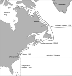 Presumed course of Sebastian Cabot's voyage of 1508–09, based on Peter Martyr's 1516 account and subsequent references to it
