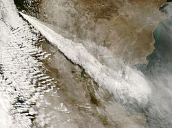 Ash cloud from the 2008 eruption of Chaitén volcano stretching across Patagonia from the Pacific to the Atlantic Ocean