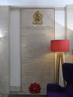 Viscount Wendover (Albert Edward Charles Robert Wynn-Carington, 1895–1915) named on a memorial to the members of the Smiths' banking family who died in the World Wars