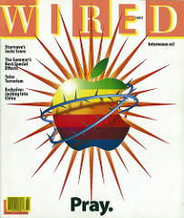 Cover of the June 1997 issue.[21] The main article was about Apple Computer's NeXT acquisition, Steve Jobs' return as an "advisor" to then-CEO Gil Amelio, and Apple's dire straits at the time.[22] It depicts the iconic Apple logo with a stylized "crown of thorns". The tagline "Pray" is a nod to the company's Apple evangelists and "devout" followers.