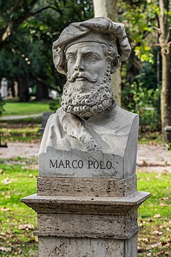 A bust of Marco Polo in the garden of Villa Borghese in Rome, Italy