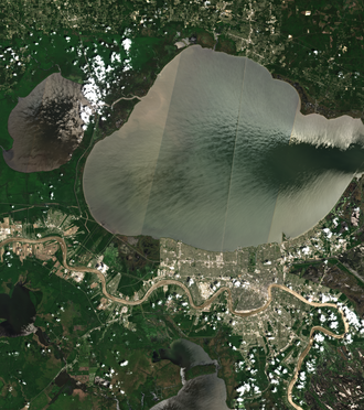A true-color image captured by ESA's Sentinel-2A in April 2024, New Orleans positioned at the bottom right of the image. Lake Pontchartrain prominently occupies the central area of the image, while the Mississippi River can also be observed coursing through the city.