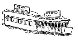 1904 caricature of "White" and "Jim Crow" rail cars by John T. McCutcheon. Despite Jim Crow's legal pretense that the races be "separate but equal" under the law, non-whites were given inferior facilities and treatment.[47]