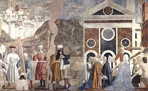 The three crosses are discovered. An injured young man is healed by the True Cross. Fifteenth-century frescoes at the Church of San Francesco, Arezzo by Piero della Francesca.