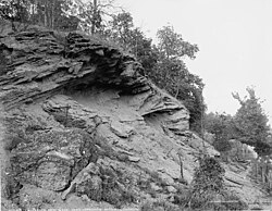 Prophet's Rock near the Tippecanoe battleground about 1902. Tenskwatawa is thought to have sung or chanted from this rock to exhort his warriors against Harrison's forces.[34]