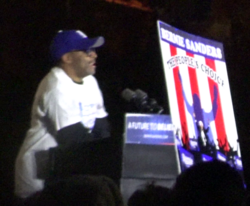 Lee speaking at a rally in support of the 2016 presidential campaign of Bernie Sanders in Washington Square Park, April 2016