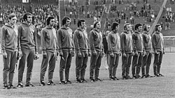 The East German football team lining up before a match against Australia on 15 June 1974