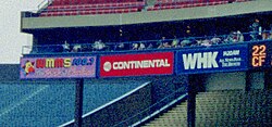 Signage for WHK and WMMS at Cleveland Municipal Stadium; WHK and WMMS were co-flagships from 1991 to 1994, while WMMS was co-flagship again from 2001 to 2012.