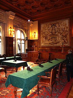 A courtroom of the Permanent Court of Arbitration of the United Nations.