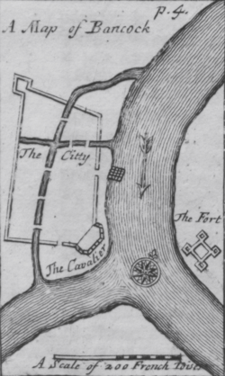 An engraved map titled "A Map of Bancock", showing a walled settlement on the west of a river, and a fort on the east