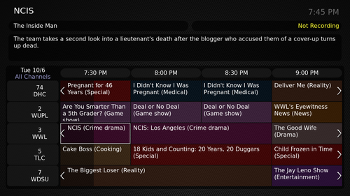 An electronic program guide showing television listings in New Orleans for broadcast and cable channels.