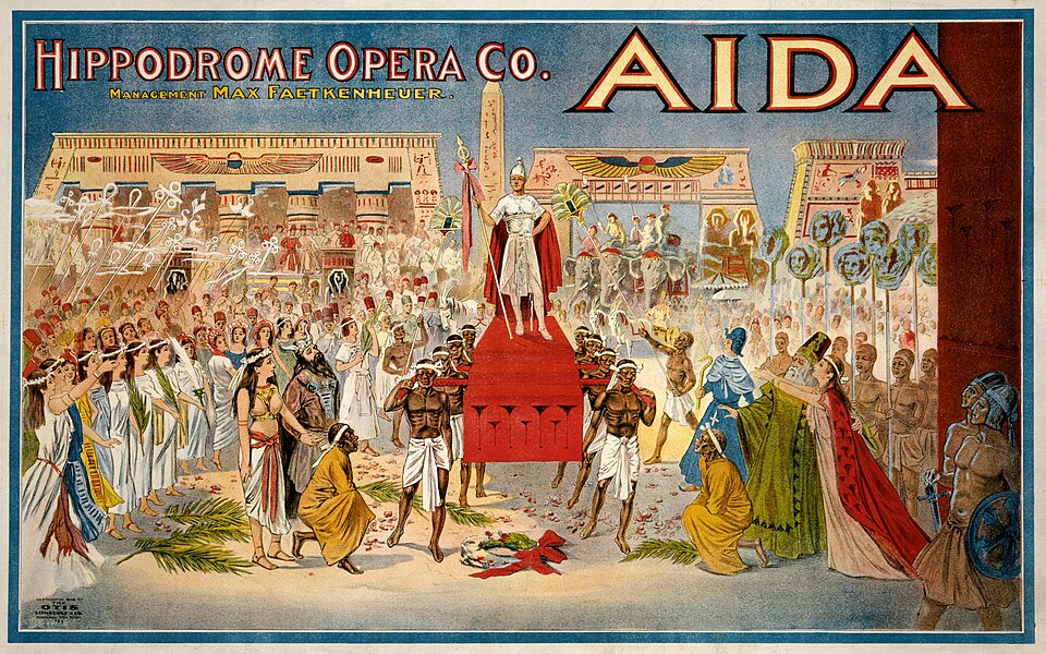 Poster for a 1908 production of Verdi's 1871 opera Aida, performed by the Hippodrome Opera Company of Cleveland, Ohio