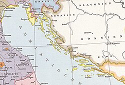Map of the Republic of Venice holdings along the northeastern coast of the Adriatic Sea in 1250 (yellow)
