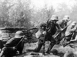 German Stoßtruppen (stormtroopers) rising from trenches to attack