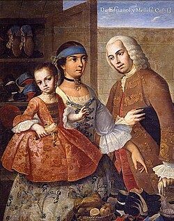 A casta painting by Miguel Cabrera. Here he shows a Spanish (español) father, Mestiza (mixed Spanish–American Indian) mother, and their Castiza daughter.