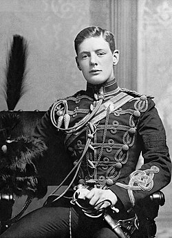 Churchill in the military dress uniform of the 4th Queen's Own Hussars at Aldershot in 1895[18]