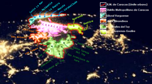 Satellite image of the Metropolitan Region of Caracas and its conurbations at night and its conurbations