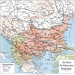 Map of the Bulgarian Exarchate (1870–1913). The Ottomans required a threshold of two thirds of positive votes of the Orthodox population to include a region into this jurisdiction.[166]