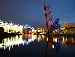 The west bank of the Flats and the Cuyahoga River in Downtown Cleveland, with Jacobs Pavilion, Cleveland's amphitheater