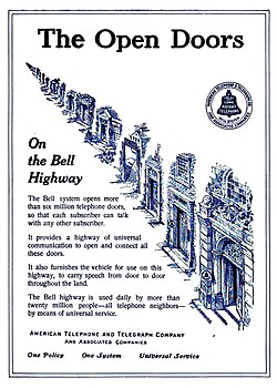 1912 Bell System advertisement promoting its slogan for universal service