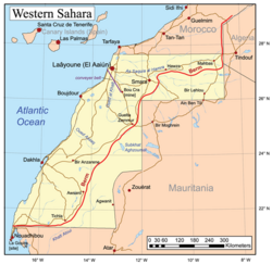 Map showing the berm - Morocco controls all areas west of it, Polisario those east