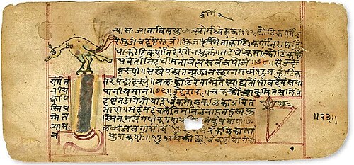 Page from Lilavati, the first volume of Siddhānta Śiromaṇī. Use of the Pythagorean theorem in the corner. 1650 edition.