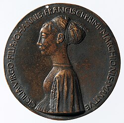 Obverse of medal distributed by Cecilia Gonzaga's family to political allies, a common practice in Renaissance Europe. Designed by Pisanello in 1448.