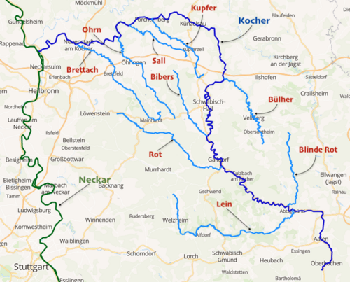 Course of the Kocher and its main tributaries