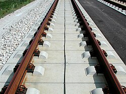 Slab track with flexible noise-reducing rail fixings, built by German company Max Bögl, on the Nürnberg–Ingolstadt high-speed line