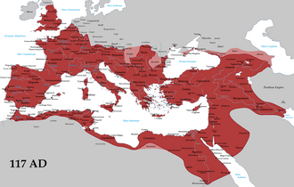 The Roman Empire (red) and its client states (pink) at its greatest extent in 117 AD under emperor Trajan