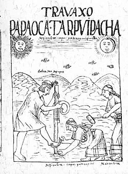 Illustration of Inca farmers using a chaki taklla (Andean foot plough) in El primer nueva corónica y buen gobierno (ca. 1615) by Felipe Guaman Poma de Ayala.