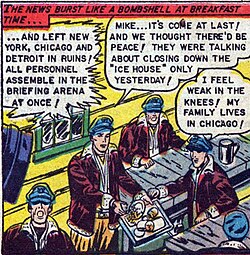 All caps dialogue and captions in a 1952 comic book panel