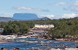 A river with a waterfall in the background
