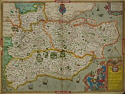 Hand-drawn map of Kent, Sussex, Surrey and Middlesex from 1575