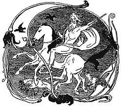 Odin sits atop his steed Sleipnir, his ravens Huginn and Muninn and wolves Geri and Freki nearby (1895) by Lorenz Frølich.
