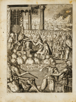 Hasekura and Luis Sotelo kneeling for an audience with Pope Paul V on November 3, 1615