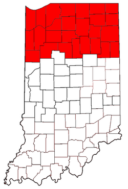 Highlighted are the counties in Northern Indiana.