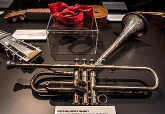 Gillespie's bent trumpet on display in February 2024