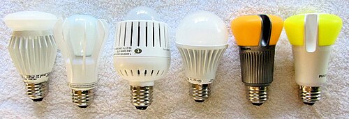 A selection of consumer LED lamps available in 2012 as drop-in replacements for incandescent bulbs in screw-type sockets